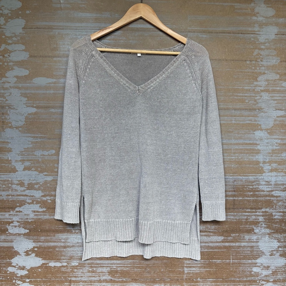Ann Mashburn 100% Linen V Neck Tunic Sweater Tan Classic Minimalist Womens XS